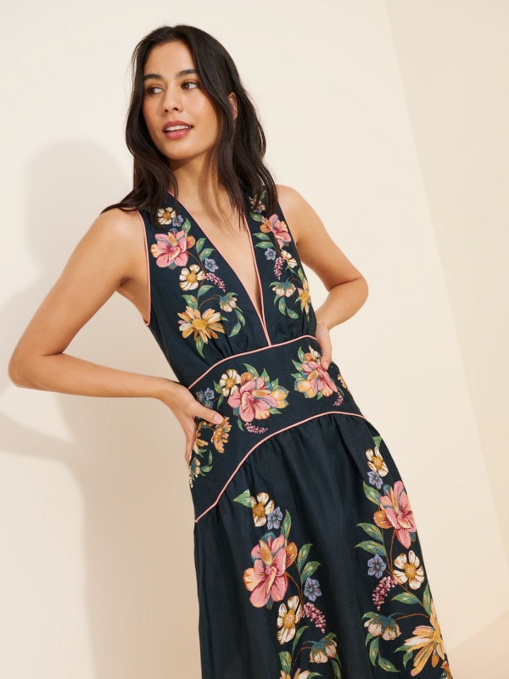FARM Rio Maira Floral Dark Blue Linen Midi Dress Size XL NWT - Picture 15 of 16